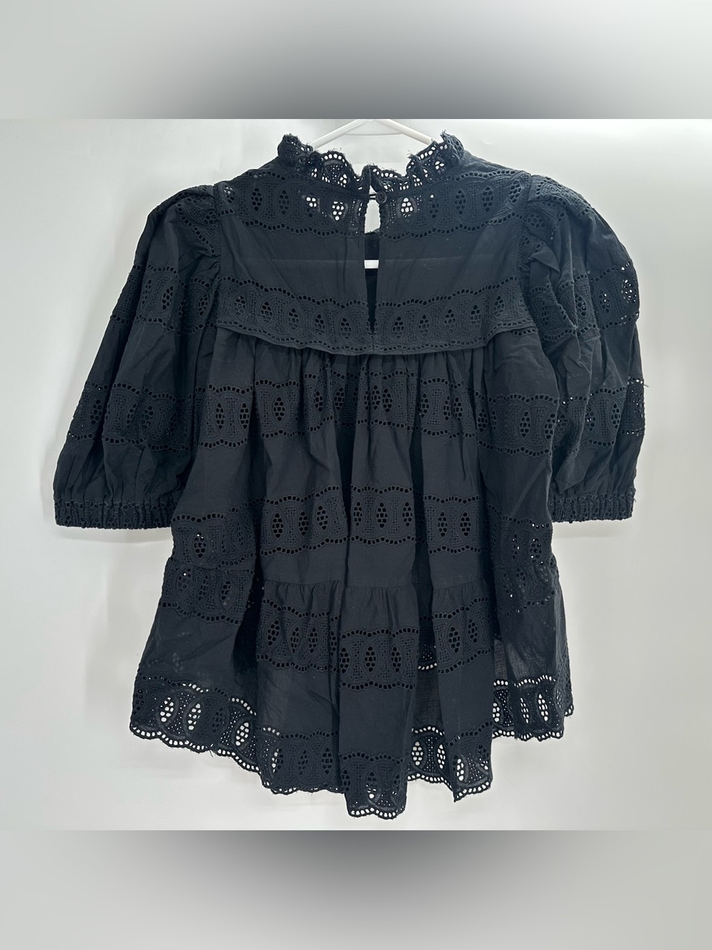 Othilia Black Eyelet Puff Sleeve Blouse Cottagecore Babydoll Top XS - Picture 3 of 7